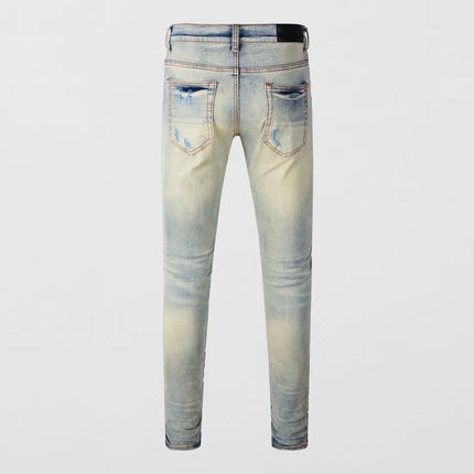 Designer High Street Fashion New Light Blue Men's Jeans Stretch Slimming White Leather Patch Hip Hop Brand Pants HombreY2K PlatiNum
