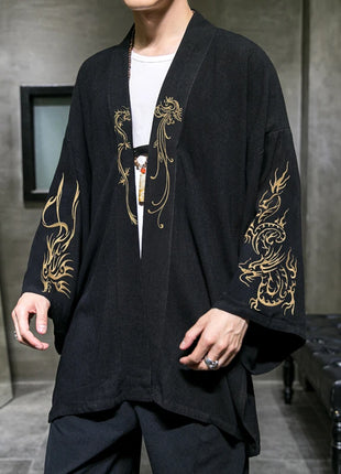 Trench da uomo ricamato in cotone Hanfu Lino Abito stile cinese Giacca cardigan Casual Kimono oversize 5XL Cappotto antico maschile
