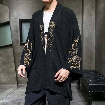 Trench da uomo ricamato in cotone Hanfu Lino Abito stile cinese Giacca cardigan Casual Kimono oversize 5XL Cappotto antico maschile