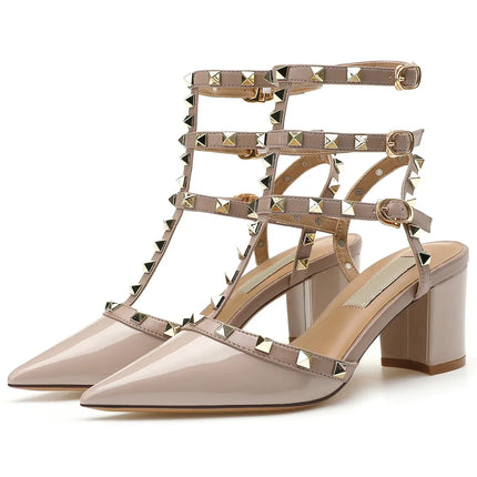 【Misurati la lunghezza dei piedi prima di ordinare】Sandali eleganti da donna con rivetti e cinturino alla caviglia, scarpe con tacco alto a blocco, modello 94-CHC-33