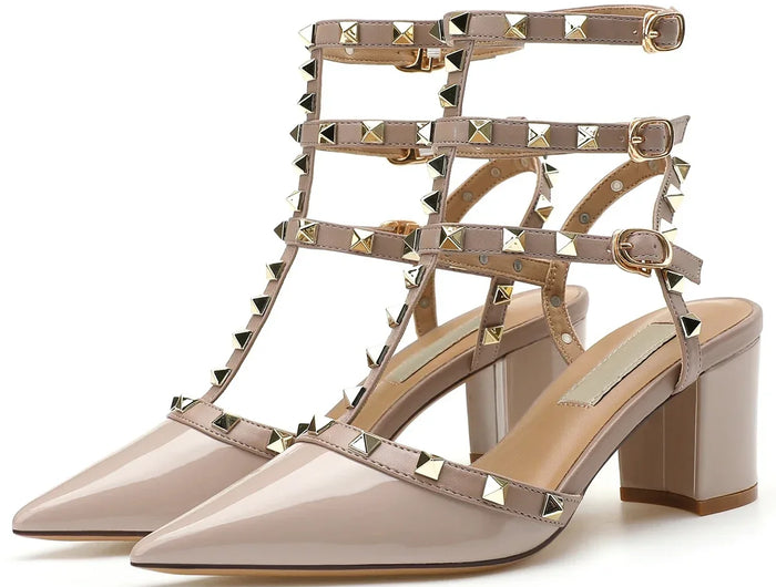 【Misurati la lunghezza dei piedi prima di ordinare】Sandali eleganti da donna con rivetti e cinturino alla caviglia, scarpe con tacco alto a blocco, modello 94-CHC-33