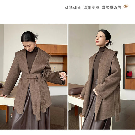 Brushed 100% Wool Coat Women Hooded Belted Wrap Coat Long-Pile Double-Faced Texture Unlined Relaxed Fit Short Coats Fall Winter
