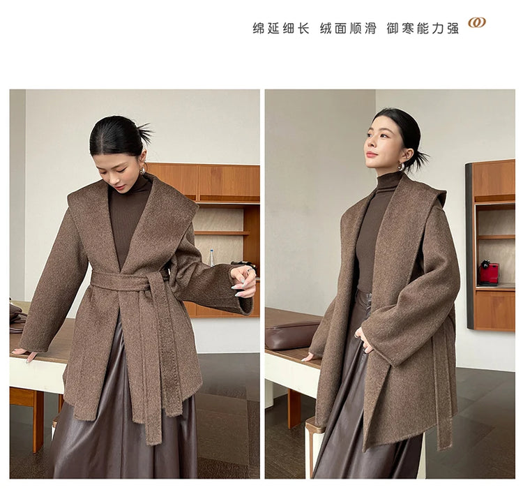 Brushed 100% Wool Coat Women Hooded Belted Wrap Coat Long-Pile Double-Faced Texture Unlined Relaxed Fit Short Coats Fall Winter