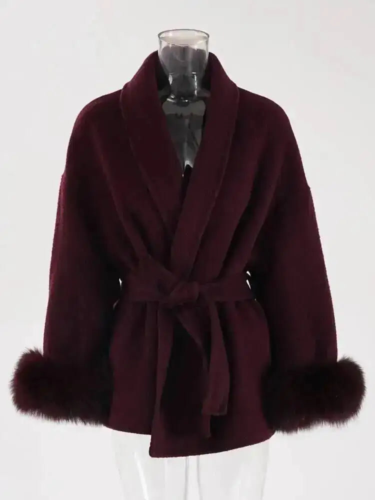 UCXQ Elegant OL Office Lady Overcoats Fur Patchwork Long Sleeve Woolen Coat Beautiful Women's Clothing Jacket Autumn 2025 Winter