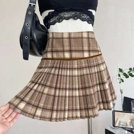 Plaid Pleated Mini Skirt Thick Wool Short Skirt High Waist Box-pleat Miniskirt for Women Teen-girl Preppy Style Outfit PlatiNum