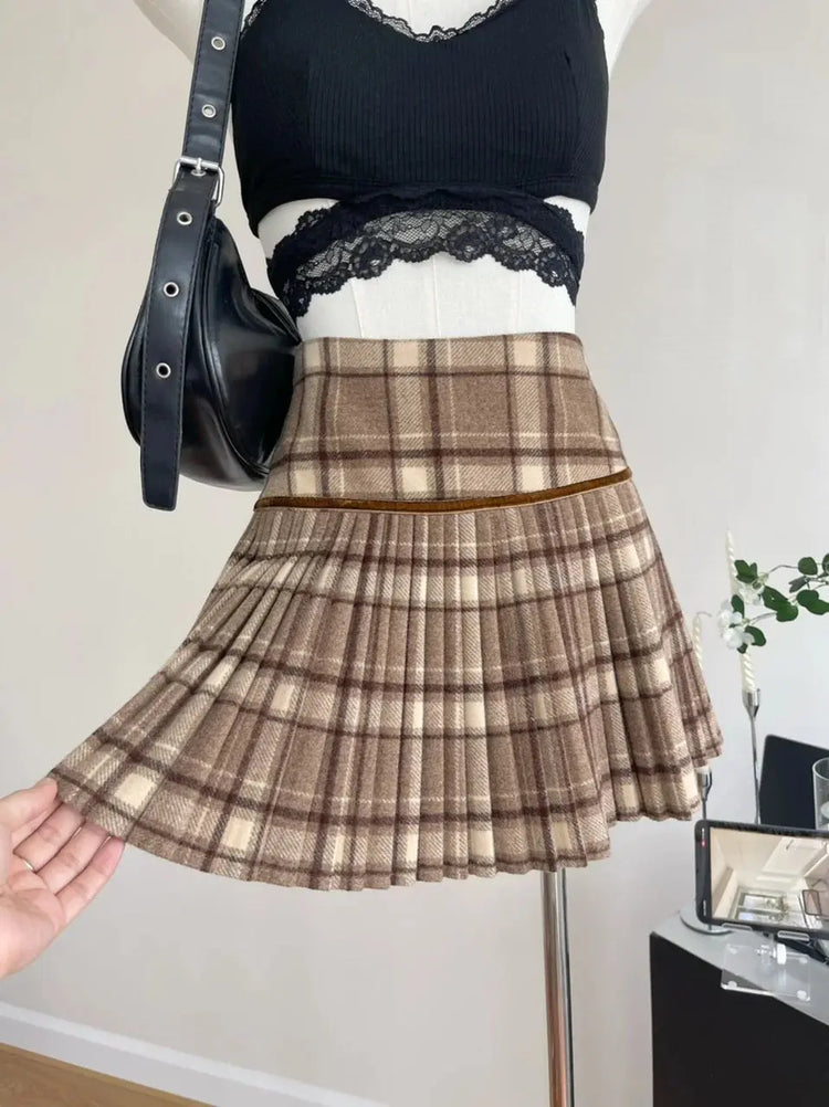 Plaid Pleated Mini Skirt Thick Wool Short Skirt High Waist Box-pleat Miniskirt for Women Teen-girl Preppy Style Outfit PlatiNum