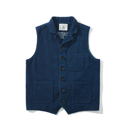 Vintage Lapel Waistcoat Men Autumn Winter New Kendo Fabric Multi-pocket Indigo Jacket Suit Vest Handmade Blue Dyed Cardigan Coat