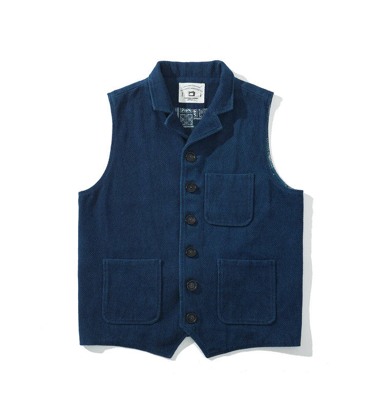 Vintage Lapel Waistcoat Men Autumn Winter New Kendo Fabric Multi-pocket Indigo Jacket Suit Vest Handmade Blue Dyed Cardigan Coat