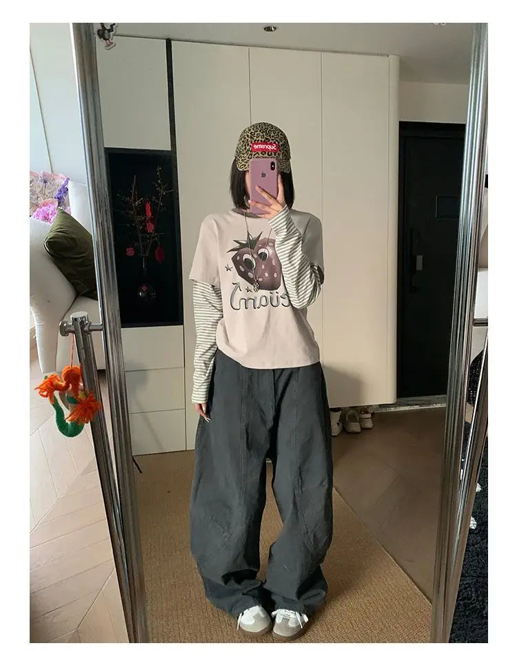 HOUZHOU Y2K Vintage Wash Donna Cargo Jeans Harajuku Scimitar Gamba larga Pantaloni in denim retrò americani Pantaloni larghi Gyaru Streetwear