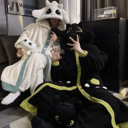 Anime Toothless Boy and Girl Winter Pajama Robe Kawaii Y2K Role-Playing Birthday Gift Thick Coral Velvet Warm Home Clothes Set