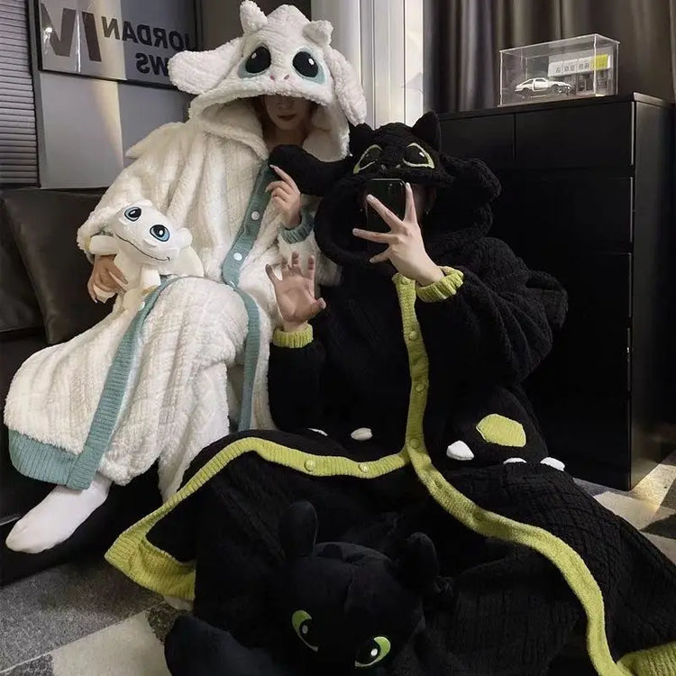 Anime Toothless Boy and Girl Winter Pajama Robe Kawaii Y2K Role-Playing Birthday Gift Thick Coral Velvet Warm Home Clothes Set
