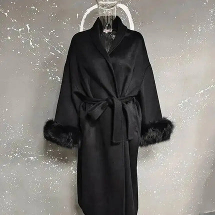 UCXQ Elegant OL Office Lady Overcoats Fur Patchwork Long Sleeve Woolen Coat Beautiful Women's Clothing Jacket Autumn 2025 Winter