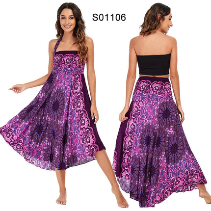 Boho Gonne Donna Rayon Beach Abito lungo Estate Bohemian Jupe Longue Femme Elastico in vita Stampa Fasciatura floreale Halter Hippie platinumshop