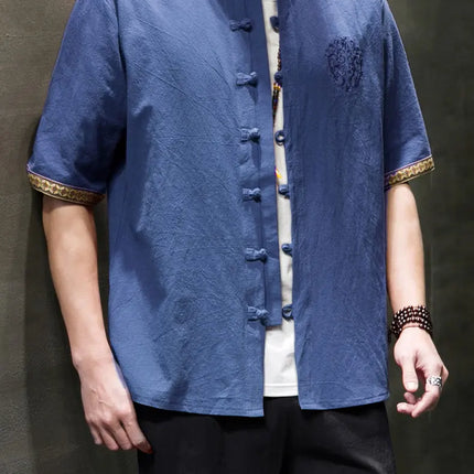Camicie da Uomo Ricamate in Stile Cinese Retrò, Traspiranti in Lino, Comode, Casual Kung Fu, Abito Tang con Colletto Rialzato