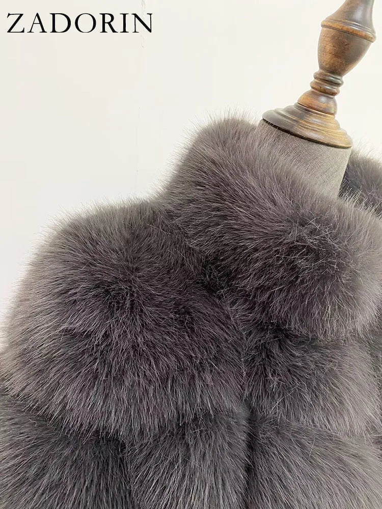 ZADORIN Winter Clothes For Women Stand Collar Splicing Long Sleeve Faux Fur Coat Women Black White Fluffy Jacket Faux Fur Coats