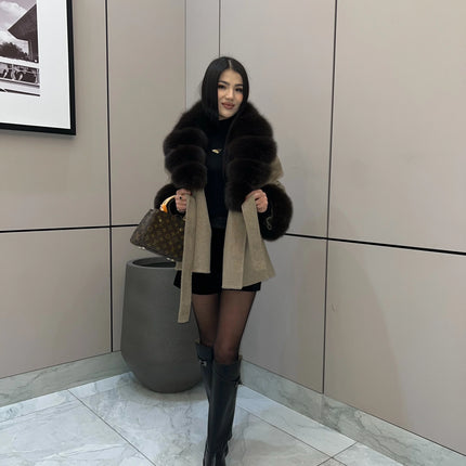 Solid Color Faux Fur Collar Cuff Wool Coat Women Belted Waist Short Jacket 2026 Winter Lady Street Daily Party Casual Outwear