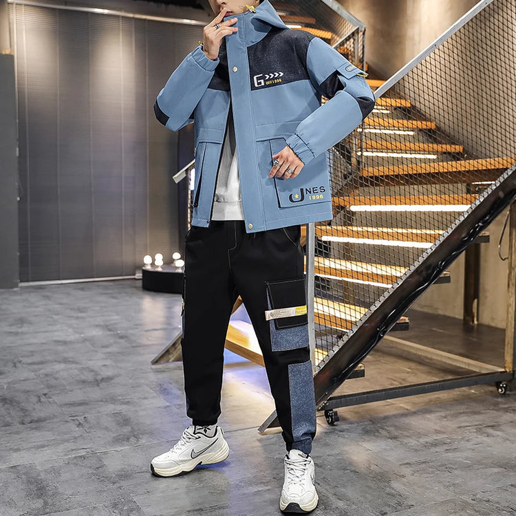 Men's Casual Sports Sets Spring Autumn Tracksuit Jogging Set Patchwork flight Hooded jacket pants two Piece