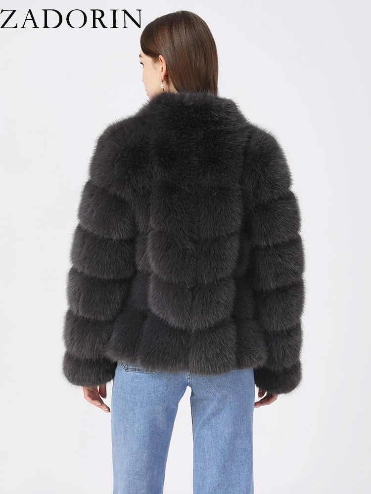 ZADORIN Winter Clothes For Women Stand Collar Splicing Long Sleeve Faux Fur Coat Women Black White Fluffy Jacket Faux Fur Coats