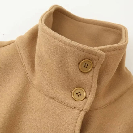Women's Elegant Midi Cape Coat with Stand Collar Three Quarter Flared Sleeves Solid Color Belted Loose Fit Poncho For Woman