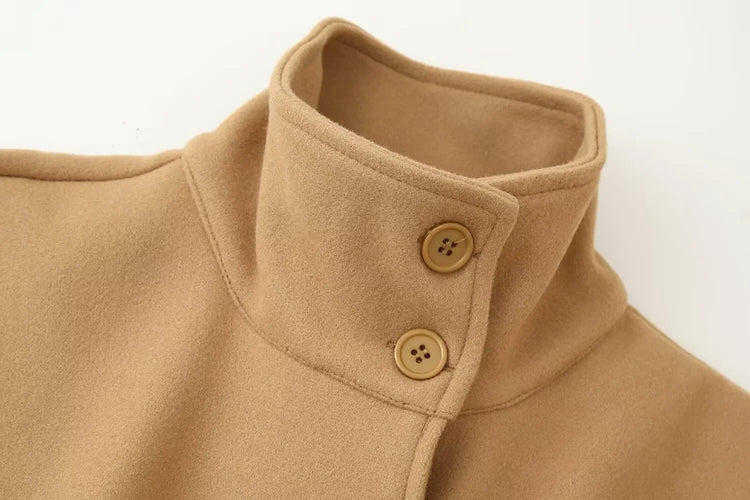 Women's Elegant Midi Cape Coat with Stand Collar Three Quarter Flared Sleeves Solid Color Belted Loose Fit Poncho For Woman