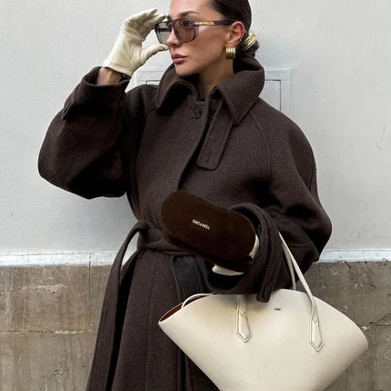 Women's Long Woolen Overcoats Stand Collar Single Breasted Lace Up Oversized Coat Autumn Winter Female Loose New Chic Outerwears