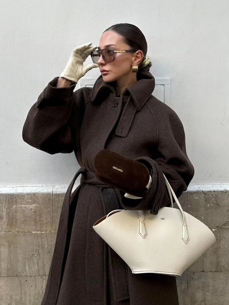 Women's Long Woolen Overcoats Stand Collar Single Breasted Lace Up Oversized Coat Autumn Winter Female Loose New Chic Outerwears