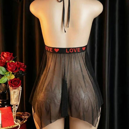 Women Halter Neck Lingerie Dress, Contrast Red Lace Sheer Mesh Irregular Hem Babydoll,Black