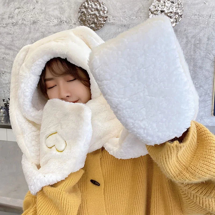 New Fashion Scarf Hat Glove Women Cute Big Ear Bunny Beanie Winter Warm Soft Thickening Pocket Warm Ear Hats Hooded Skullie Caps