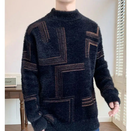 2025 Thickened Sweater Men's Autumn Winter Casual Half High Neck Pullover Knitwear Furry Korean Loose Simple Sweaters 3 Colors