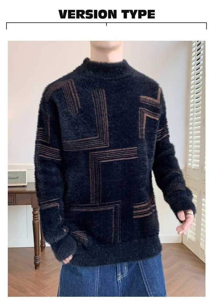 2025 Thickened Sweater Men's Autumn Winter Casual Half High Neck Pullover Knitwear Furry Korean Loose Simple Sweaters 3 Colors