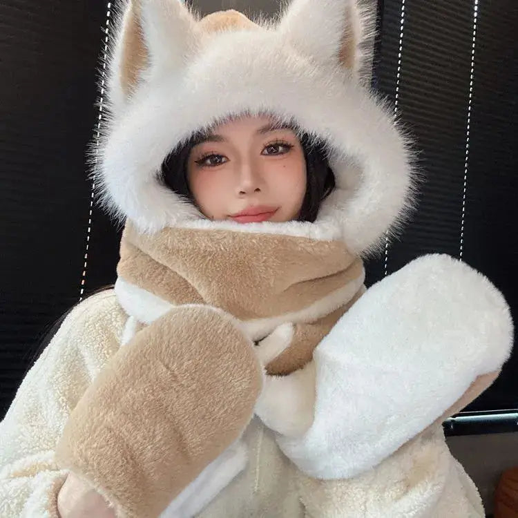 Women's Hat Beanie Balaclava Winter Cap Winter Women's Cute Thickened Fox Plush Hat Scarf Glove Three-in-one Cycling Warmth