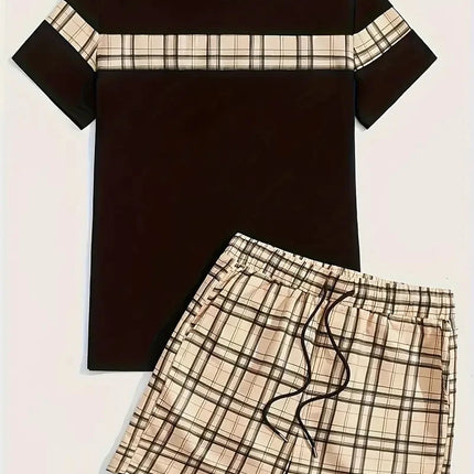 New Men's Two-Piece Suit Fashion Scottish Print Summer O-neck Short Sleeve Polo + Shorts Men's Two-Piece Set