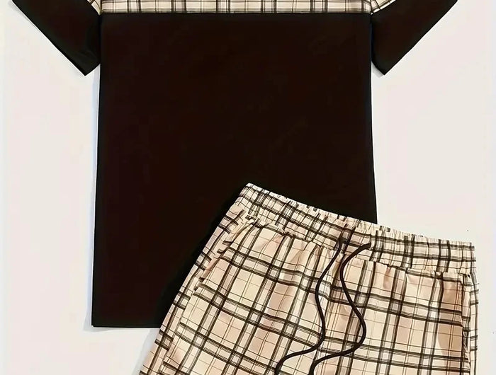 New Men's Two-Piece Suit Fashion Scottish Print Summer O-neck Short Sleeve Polo + Shorts Men's Two-Piece Set