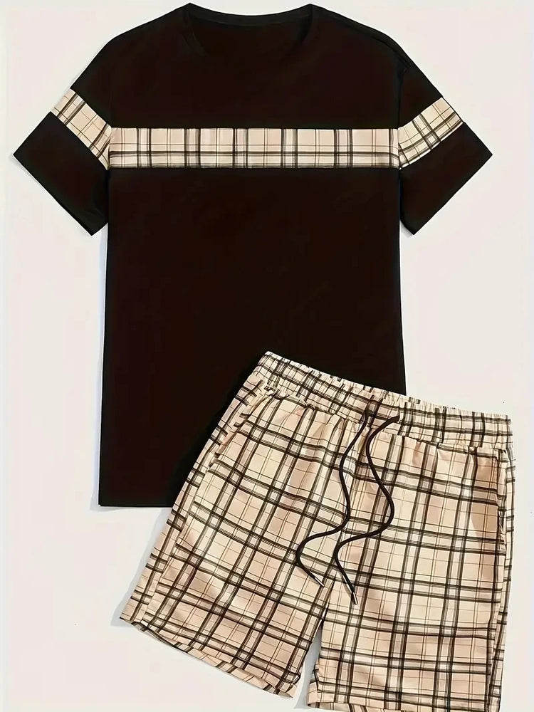 Nuovo vestito da uomo in due pezzi con stampa scozzese moda estate O-colletto Polo a maniche corte + pantaloncini abito da uomo in due pezzi