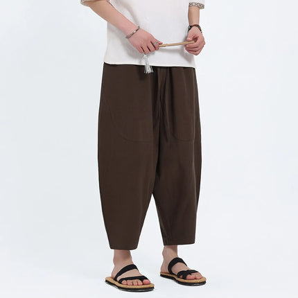 Pantaloni Harem in Cotone e Lino da Uomo, Casual, Traspiranti, Comodi, Estivi, Lunghezza al Polpaccio, Taglie Forti fino a 5XL