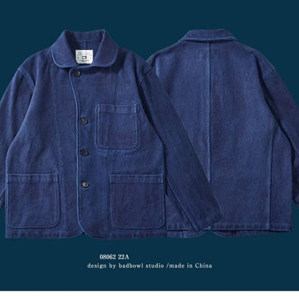 Indigo Blue Dyed Suit Jacket Heavy Sashiko Casual Japanese Retro Washed Coat Jacket