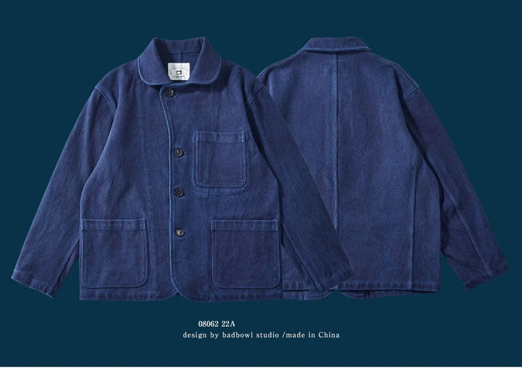 Indigo Blue Dyed Suit Jacket Heavy Sashiko Casual Japanese Retro Washed Coat Jacket