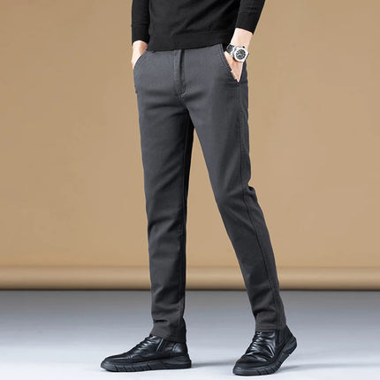Autumn Winter Cotton Fabric Stretch Casual Pants Men Slim Fit Grey Black Korea Work Classic Brown Cargo Trousers Male 28-38