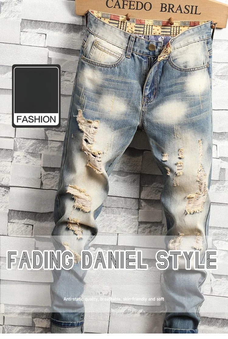2024 New Retro Distressed Ripped Slim Jeans for Men Street Hip-hop Stretch Straight Fashion Motorcycle Denim Trousers Male PlatiNum