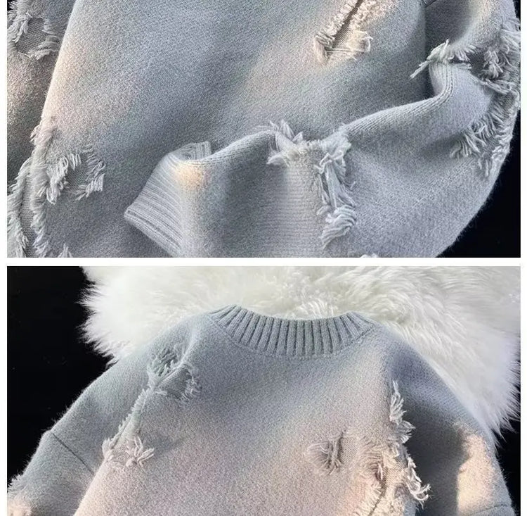 2026 Street Style Broken Holes Sweaters for Men Autumn Winter Thick Knitted O Neck Pullovers Vintage Casual Couple Sweater Coats