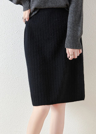 Autumn Winter Women Wool Skirt Elastic Waist Mini Slim Fit Cashmere Skirts 100% Merino Wool Knitted Office Lady Above Knee Dress PlatiNum