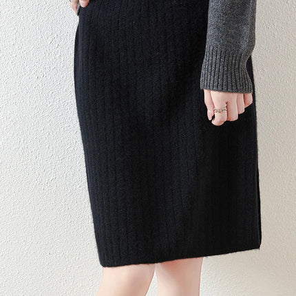 Autumn Winter Women Wool Skirt Elastic Waist Mini Slim Fit Cashmere Skirts 100% Merino Wool Knitted Office Lady Above Knee Dress PlatiNum