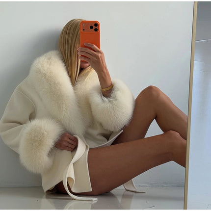 Women Faux Wool Short Coat Faux Fur Collar Cuffs Patchwork Lace-Up Coats Elegant Loose Luxury Ladies Autumn Winter Outerwear
