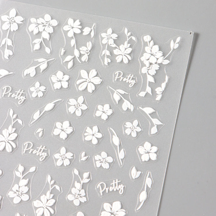 2pcs White Flower 3D Nail Art Stickers Sakura Blooming Florals Leaf Self-Adhesive Nail Decorations Sliders for DIY Manicure