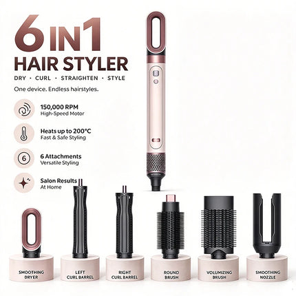 Professional 6 in 1 Cold Hot Air Styling Brush Hair Dryer Curling Iron Straightener Flat Iron 1700W Fast Dry Voluminous Waves
