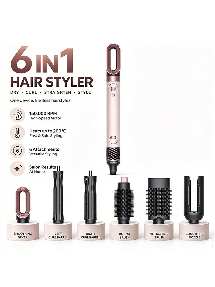 Professional 6 in 1 Cold Hot Air Styling Brush Hair Dryer Curling Iron Straightener Flat Iron 1700W Fast Dry Voluminous Waves