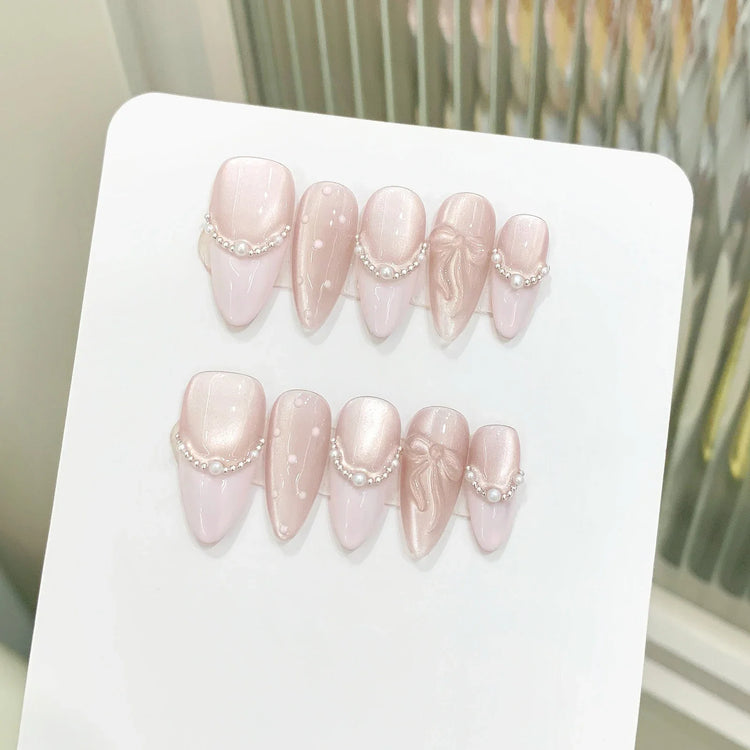 10pcs Handmade Press on Nails French Cat Eye Pink Bow Decor Korean False Nails Wearable Full Cover Ins Almond False Nail Tips 2028