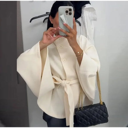 Faux Fur Cloak Jackets Women Loose Standneck Three Button Wide Sleeves Belt Coats Female 2026 Autumn Solid Chic Fashion Outwears
