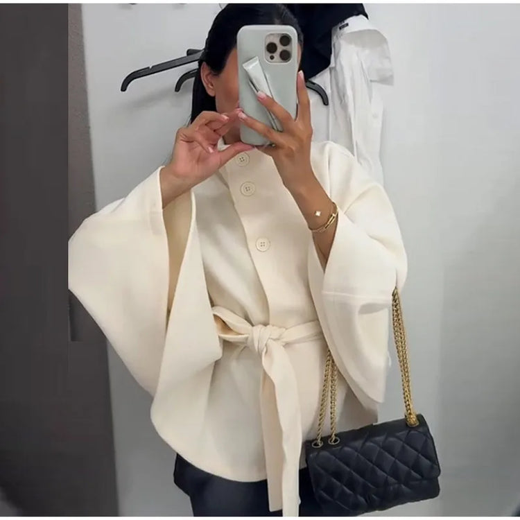 Faux Fur Cloak Jackets Women Loose Standneck Three Button Wide Sleeves Belt Coats Female 2026 Autumn Solid Chic Fashion Outwears
