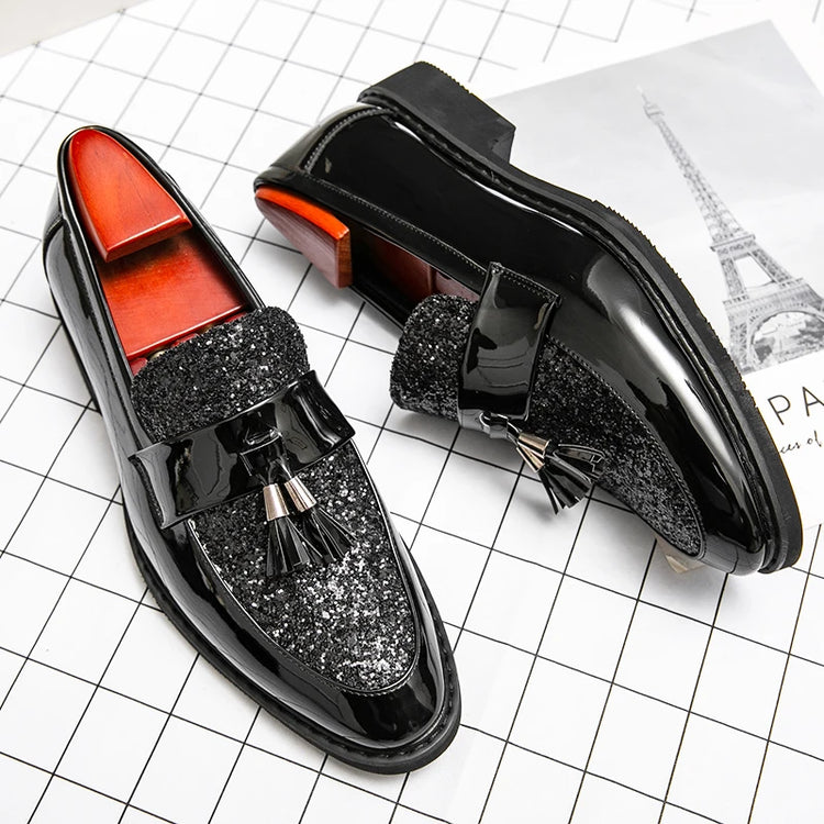 Mocassini di Lusso da Uomo con Tacco Basso, Slip-on Casual in Pelle Dorata, Scarpe da Festa con Nappe, Scarpe Eleganti da Uomo, Scarpe con Plateau da Uomo